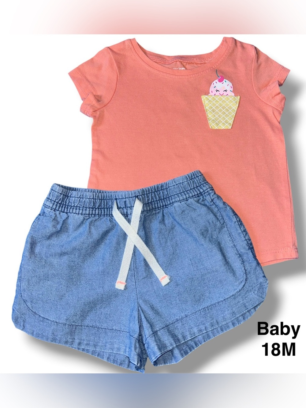 Jumping Beans Coral Tee with Carter’s Blue Chambray-Look Shorts size 18 Months